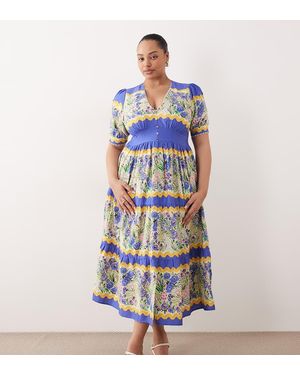 Hope & Ivy Plus Cotton V-neck Puff Sleeve Midi Smock Dress - Blue