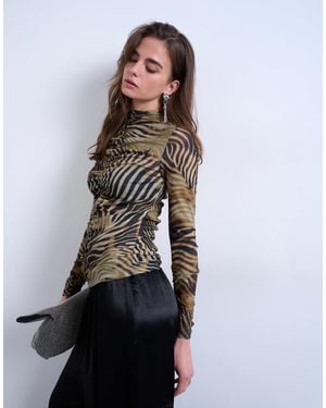 TOPSHOP Animal Striped Print Ruched Long Sleeve Top - Multicolor