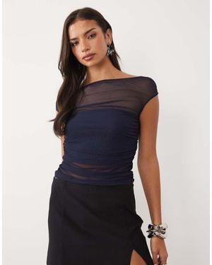 ASOS Top Van Mesh Met Korte Mouwen, Gerimpeld En Met Blote Schouders - Blauw