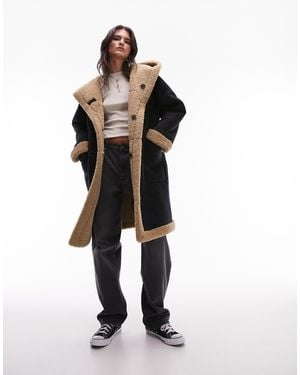 TOPSHOP Reversible Faux Suede Shearling Hooded Longline Car Coat With Chocolate Borg Lining - Black