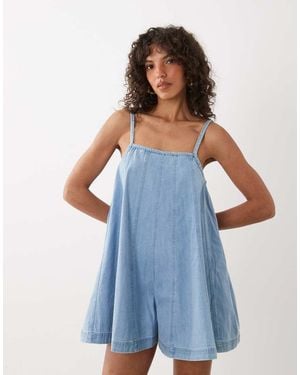 Nobody's Child Talli Cotton Denim Square Neck Cami Strap Romper - Blue