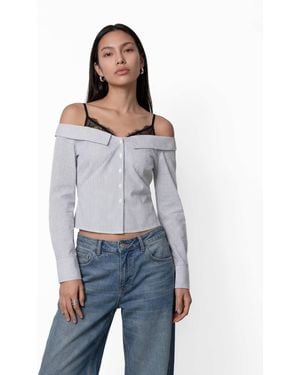 Noisy May Bardot Shirt With Lace Insert - Gray