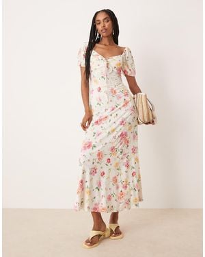 ASOS Scalloped Collar Puff Sleeve Seam Detail Midi Tea Dress - Natural