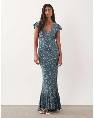 ASOS Jurk Met Pofmouwen, V-Hals En Maxi-Lengte - Blauw