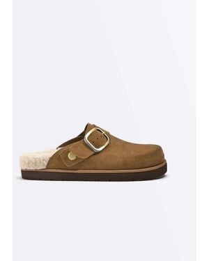 Oysho Buckled Split-leather Faux Shearling Clogs - Brown