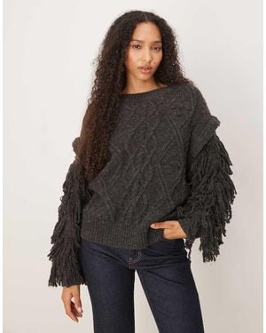 Glamorous Cable Knit Fringed Sleeve Jumper - Grey