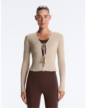 Oysho Front Tie Knit Rib Cardigan - Brown