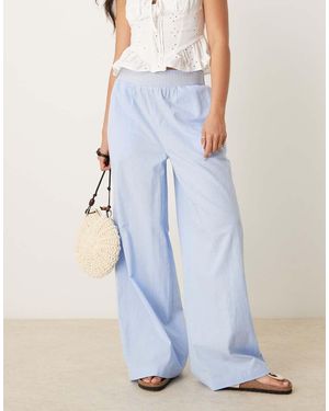 ASOS Linen Blend Pull On Wide Leg Trousers With Shirred Contrast Waist Detail - Blue