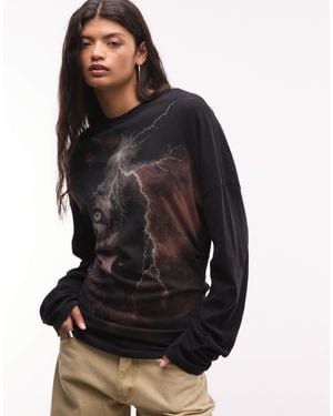 Weekday Cinched Waist Long Sleeve Top With Wolf Print - Black
