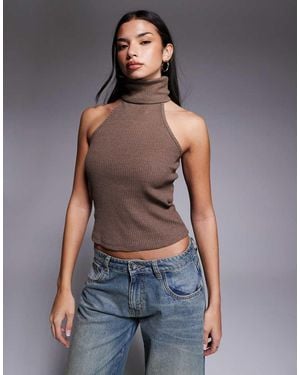 River Island Ribbed Roll Neck Halterneck Top - Blue