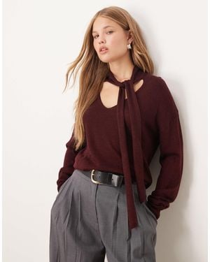 Mango V Neck Knitted Sweater With Scarf Detail - Brown