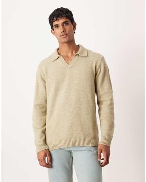 ASOS Knitted Long Sleeve Notch Neck Polo - Natural