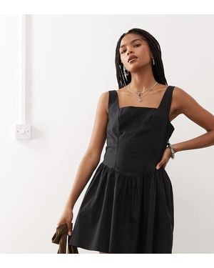 Monki Square Neck Cotton Mini Dress With Drop Waist - Black