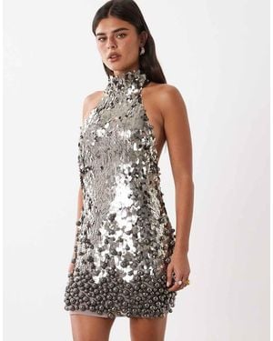 ASOS Premium Mini-Jurk Met Halternek En Lovertjes Met 3D-Zoom - Wit