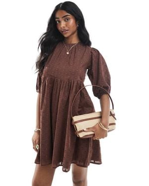 Wednesday's Girl Puff Sleeve Dobby Smock Mini Dress - Brown