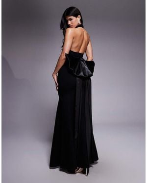 Wanderdoll Sutherland Halterneck Oversized Bow Sash Fishtail Maxi Dress - Grey