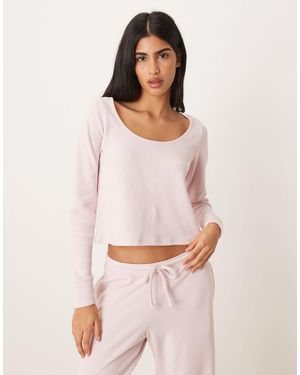 Hollister Gilly Hicks Lace Trim Waffle Long Sleeve Top Co-ord - Pink