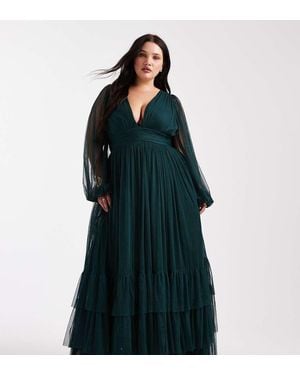 Lace & Beads Plus Bridesmaid Madison Long Sleeve Maxi Dress - Blue