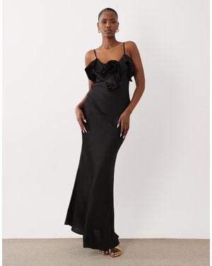 Vila Frill Detail Satin Cami Maxi Dress - Black