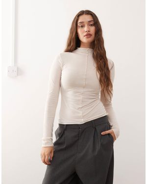 Monki Long Sleeve Sheer T-shirt With Front Seam Detail - Natural