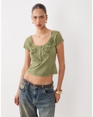 Miss Selfridge Square Neck Henley Top With Embroidery Detailing - Green