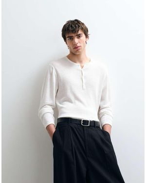 ASOS COLLECTIVE Relaxed Long Sleeve Linen Rich Henley T-shirt - White