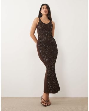 Wanderdoll Calla Abstract Sequin Embroidered Knitted Maxi Dress - Natural