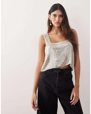 ARRANGE Embellished Beaded Square Neck Boxy Crop Top - Natural