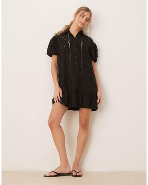 ASOS Twill Short Sleeve Broderie Mini Shirt Dress With Tonal Stitching - Black