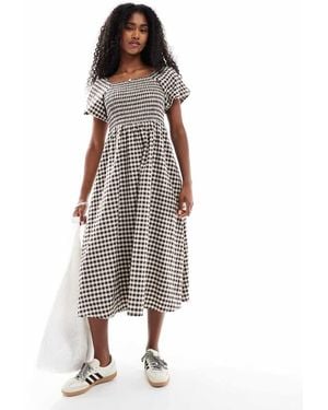 Daisy Street Shirred Top Puff Sleeve Midi Smock Dress - Multicolour