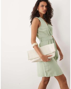 Vila Linen Blend Wrap Front Mini Dress With Tie Belt - Green