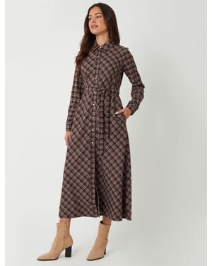 Threadbare Check Belted Midi Shirt Dress - Brown