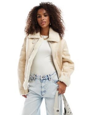 Bershka Shearling Trim Aviator Jacket - White