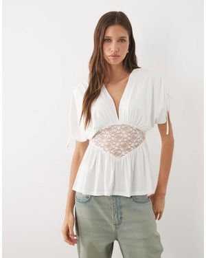 Miss Selfridge V-Neck Gathered Top With Lace Waist Trim - White