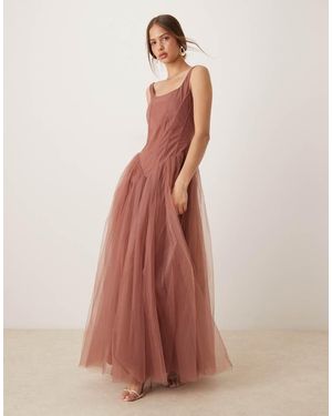 LACE & BEADS Ruffle Hem Corset Maxi Dress - Brown