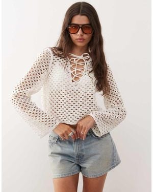Monki Crochet Open Knit Top - Natural