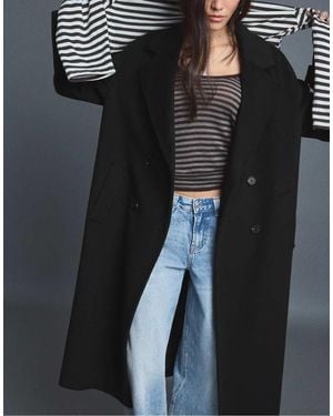 Stradivarius Soft-Touch Long Oversize Coat - Black