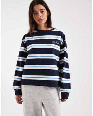 4th & Reckless Cotton Rich Embroidered Logo Crew Neck Oversized Long Sleeve Oversized T-Shirt - Blue