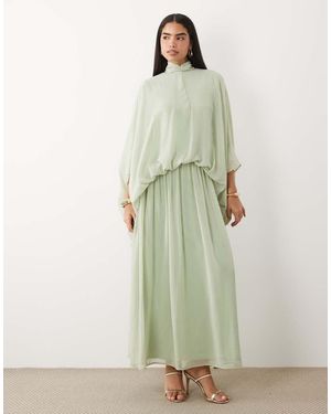 DASKA Vestido Largo Verde Estilo Blusón Con Cuello Alto De Chifón