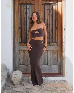 4th & Reckless X Luana Barron Cotton Rich Knitted Bandeau Bead Detail Cut Out Beach Crop Top Co-ord - Brown