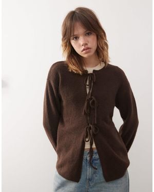 Monki Knit Bow Tie Up Cardigan - Brown