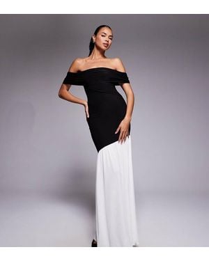 Kaiia Exclusive Double Layered Slinky Foldover Bardot Asymmetric Contrast Hem Maxi Dress - Multicolour
