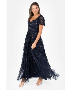 Maya Floral Embellished Sweetheart Neck Maxi Dress - Blue