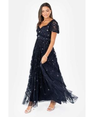 Maya Floral Embellished Sweetheart Neck Maxi Dress - Blue