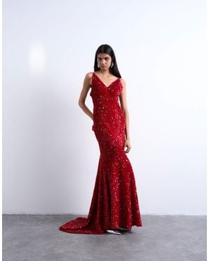 TOPSHOP Plunge Velvet Sequin Full Length Maxi Gown - Red