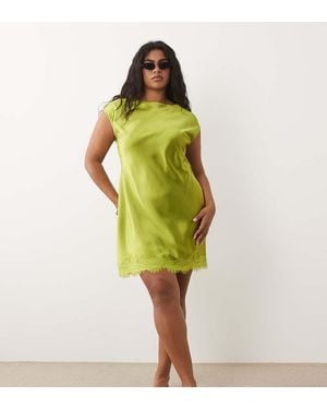 ASOS Asos Design Curve Slash Neck Satin Mini Dress With Lace Hem - Yellow