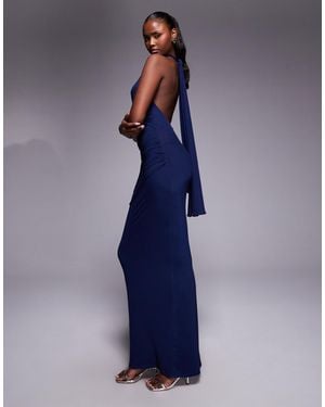 ASOS Twisted Bust Detailing Mesh Maxi Dress With Tie Back Halter Neck - Blue