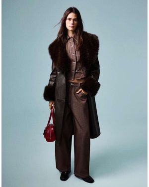 Bershka Leather Effect Coat With Contrast Faux Fur - Brown