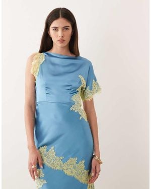 Never Fully Dressed Fearne Satin Lace Detail Midi Dress - Blue