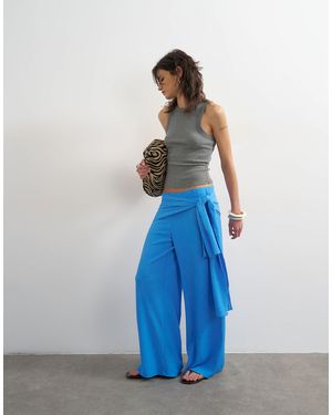 TOPSHOP Plisse Wrap Scarf Detail Pants - Blue